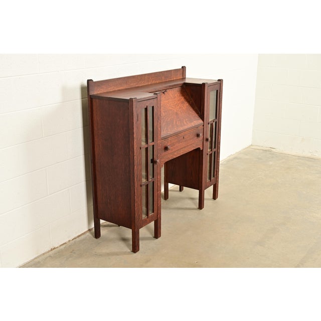 Charles Limbert Stickley Brothers Style Antique Mission Oak Arts & Crafts Double Bookcase With Drop Front Secretary Desk, Circa 1910 For Sale - Image 4 of 15