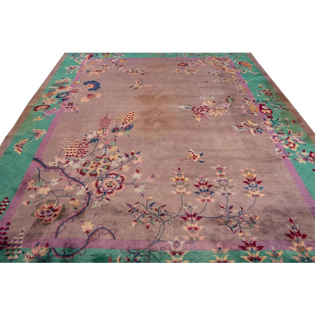 Jade Antique Chinese Art Deco Rug - Plum & Jade Green Floral Wool 9x12 For Sale - Image 8 of 12