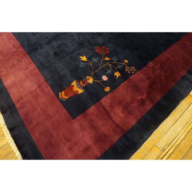 1920s Solid Blue Open Field Antique Chinese Art Deco Knotted Rug 11' 2" X 14' 2" For Sale - Image 10 of 11