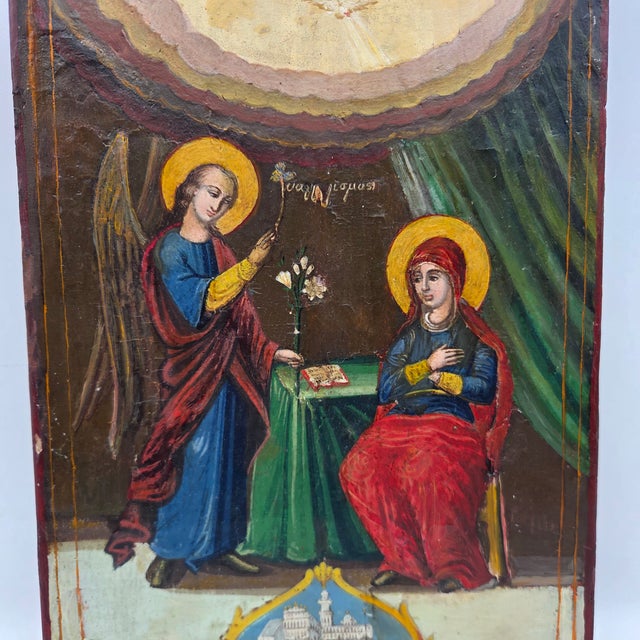 19th Century Greek Orthodox Annunciation Archangel Gabriel and Virgin Mary Icon Painting on Wood Block For Sale - Image 4 of 10