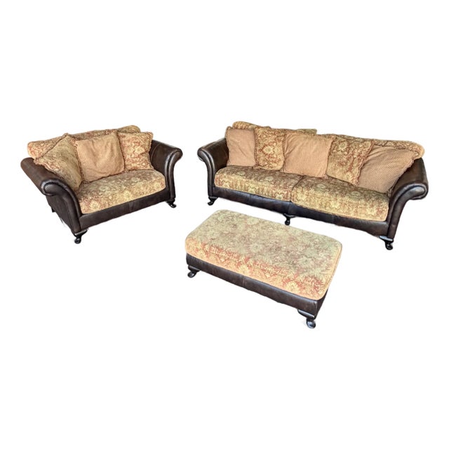Bernhardt Sofa, Loveseat and Ottoman Coffee Table, Matching Set in Brown Leather With Fabric Seat and Back Cushions For Sale