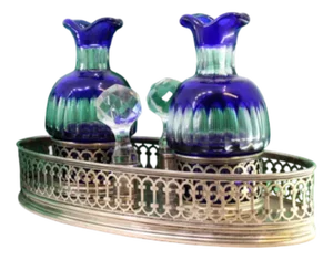 Silver Liqueur Decanter with Cut Blue Glass Tanks and Elliptical-Shaped Grid Base, Set of 3