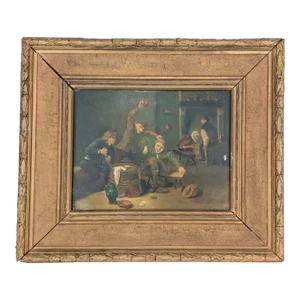 Oil on Board Painting After Adriaen Brouwer's "Peasants Brawling Over Cards"..."