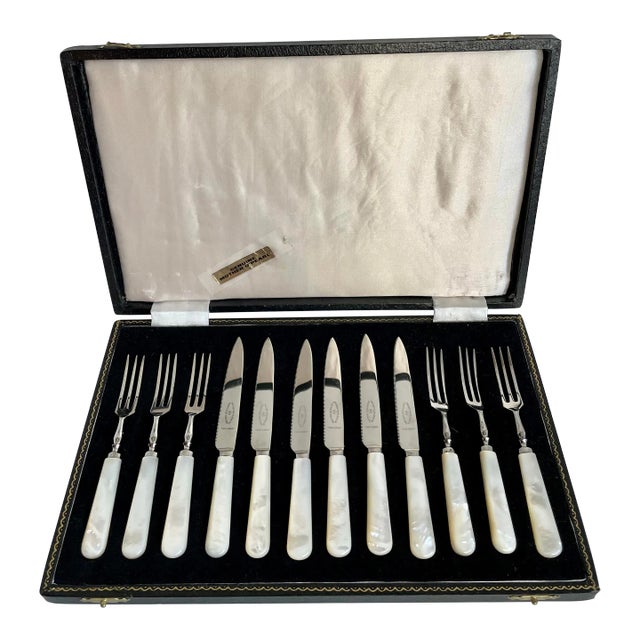 Antique George Butler & Co. Sheffield England Mother of Pearl Knife and Fork Set -Set of 12 For Sale