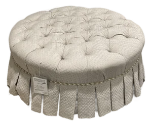 Ethan Allen Beige Tufted & Pleated Round Ottoman