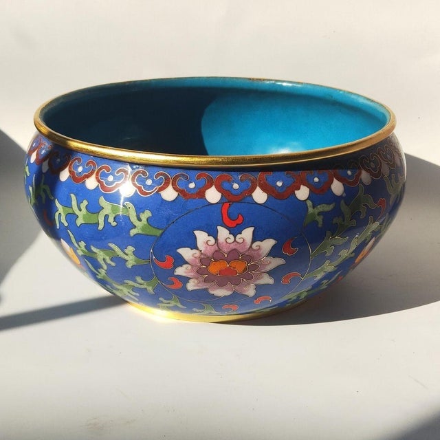 Late 20th Century Vintage Cloisonné Enamel Brush Washer – Scrolling Lotus & Vine Motif, Cobalt Blue Ground For Sale - Image 5 of 8