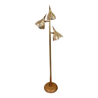 Mid Century Modern Gerald Thurston Three-Shade Teak & Brass Floor Lamp For Sale