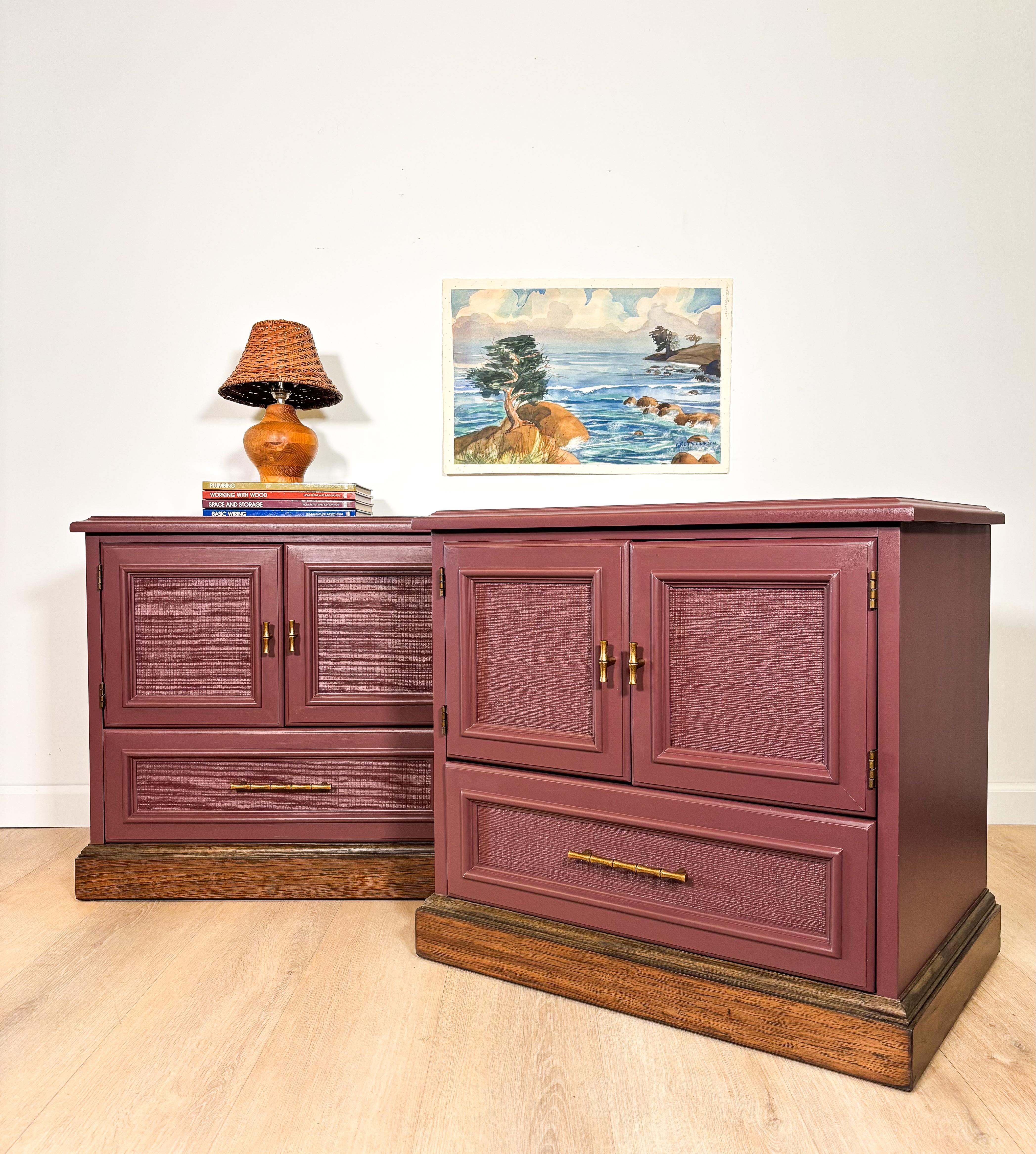 1970s Drexel Nightstand Set, Newly Refinished in Ruby Dusk by