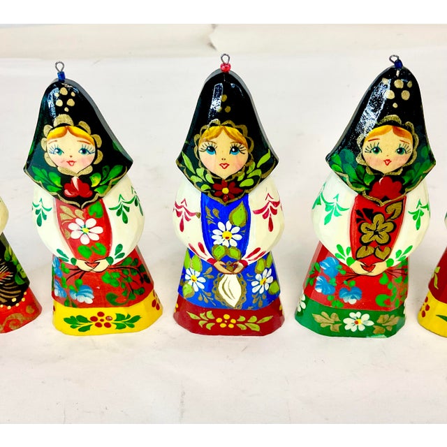 Wood Vintage Boho Chic Folk Art Russian Hand Crafted Christmas Ornaments - Set of 6, Small. For Sale - Image 7 of 10