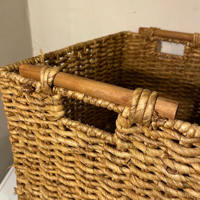 Traditional Natural Woven Storage Basket With Wood Handles For Sale - Image 3 of 4