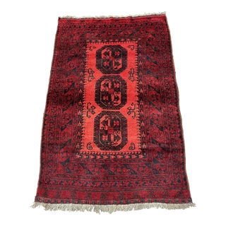 Vintage Red Afghan Bokhara Tribal Hand-Knotted Wool Rug - 4' X 6'5" For Sale