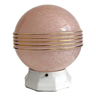Art Deco Globe Lamp in Speckled Pink Glass with White Ceramic Base, 1920s For Sale