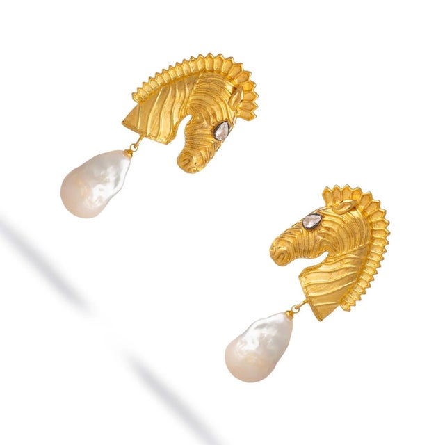 Baroque Majestic Horse & Baroque Pearl Gold Statement Earrings, A Pair For Sale - Image 3 of 9