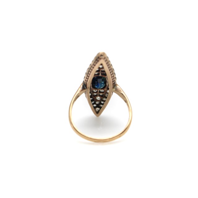 19th Century 19th Century 14k Gold Early Victorian Navette Ring With Pave Diamonds and Central Sapphire, Size 8.25 For Sale - Image 5 of 8