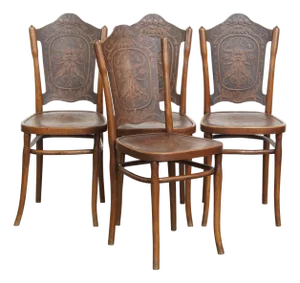 Antique Bentwood Chairs with Carvings by Jacob and Josef Kohn for Thonet, Set of 4