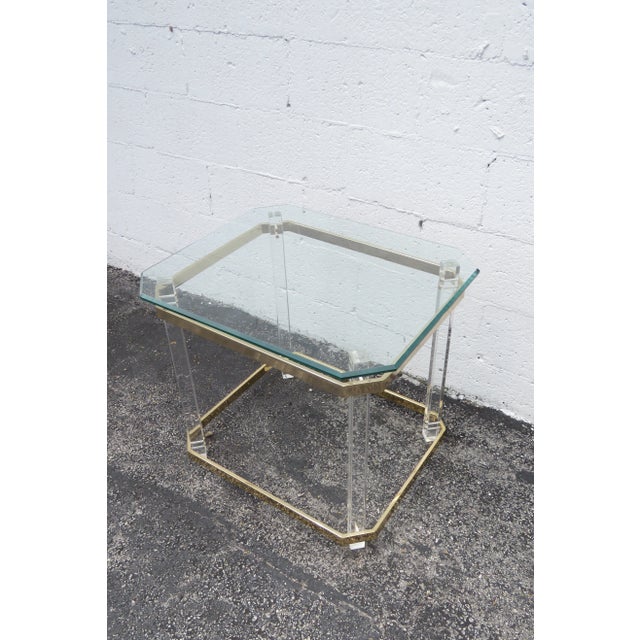 Late 20th Century Hollywood Regency Lucite and Brass Finish with Glass Top Side Table For Sale - Image 9 of 11