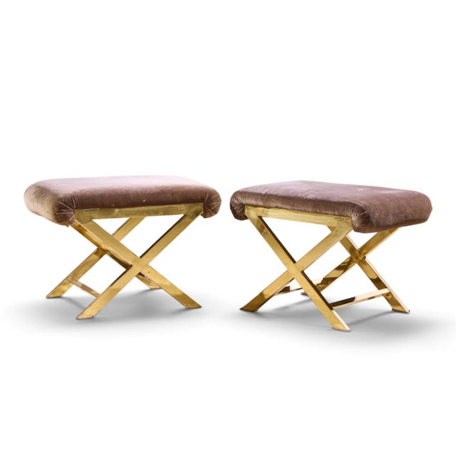 Mid-Century Modern Warren Lloyd for Weiman Mid Century Brass X Base Stools - Pair For Sale - Image 3 of 12