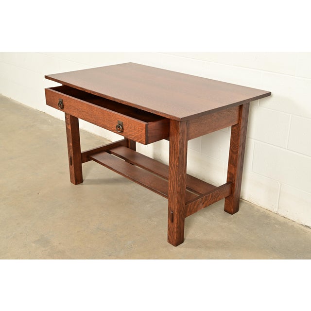 Early 20th Century Stickley Brothers Antique Mission Oak Arts & Crafts Desk or Library Table, Newly Refinished For Sale - Image 5 of 13
