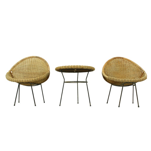 Vintage Italian Rattan Basket Chairs and Bistro Table Set, 1960s, Set of 3 For Sale - Image 4 of 18
