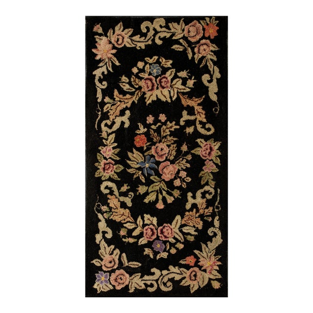 1920s Black Floral Folk Art Antique American Hooked Rug 2'4" X 4'2" Handwoven Wool Carpet For Sale