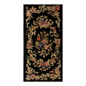 1920s Black Floral Folk Art Antique American Hooked Rug 2'4" X 4'2" Handwoven Wool Carpet