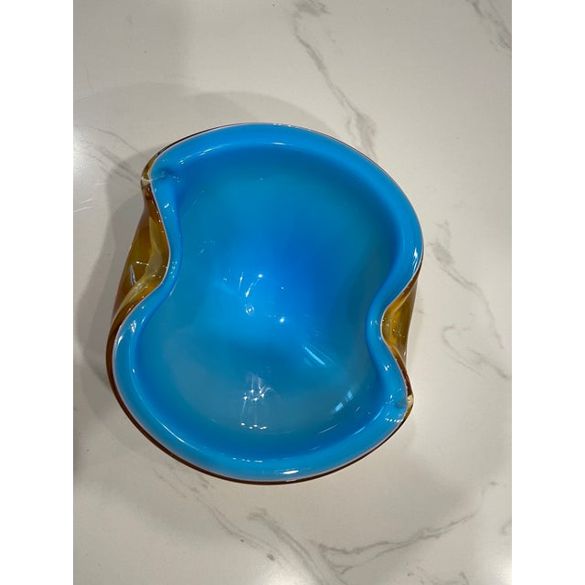 Vintage MCM Alfredo Barbini Murano Art Glass Bowl Ashtray Blue & Brown For Sale - Image 9 of 9