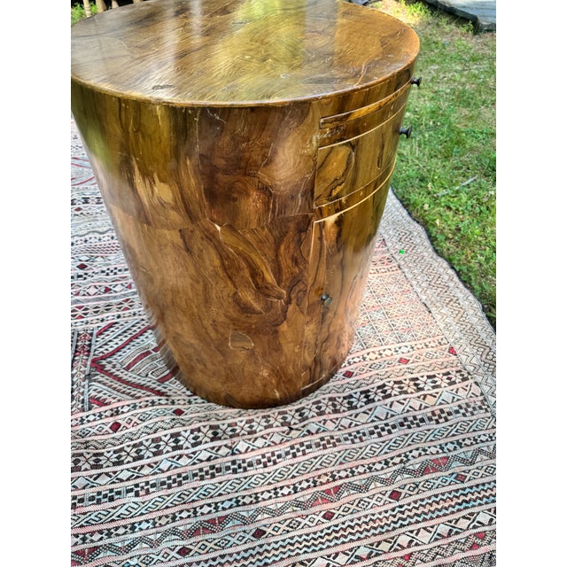 Wood Attributed to William Switzer Postmodern MCM Burl Walnut Drum Table / Nightstand For Sale - Image 7 of 12