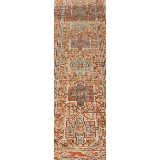 Textile Vintage Persian Distressed Heriz Runner in Wool With Tribal Medallions For Sale - Image 7 of 11