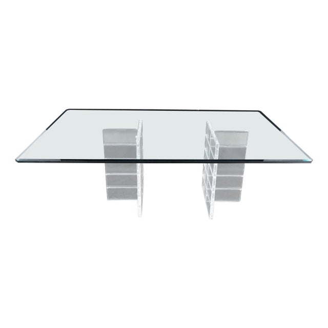 Thick Polished Lucite Double Base 3/4" Thick Rectangle Glass Top Dining Table For Sale