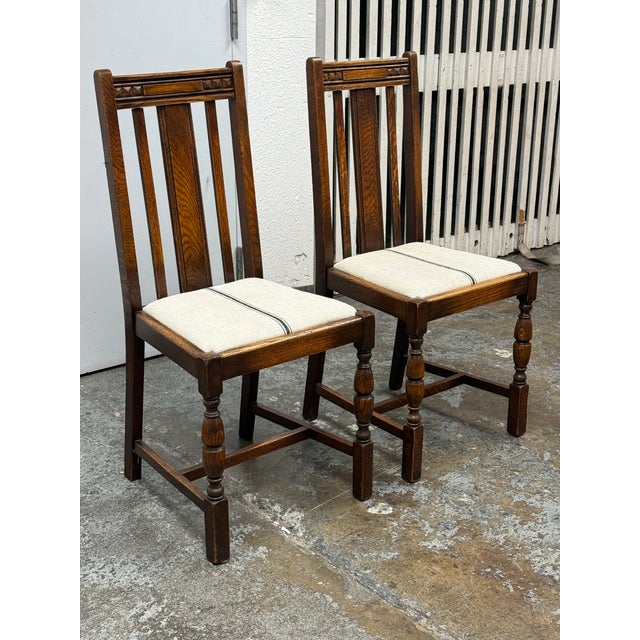 Jacobean Jacobean Revival Antique Oak Upholstered Side Chairs, Pair For Sale - Image 3 of 12
