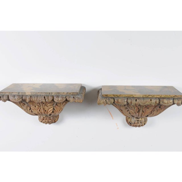 Brown Pair of Italian Carved Giltwood Wall Brackets with Faux-Marble Tops, circa 1870 For Sale - Image 8 of 8