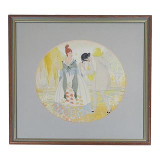 Vintage Art Deco French Pochoir Courting Couple For Sale