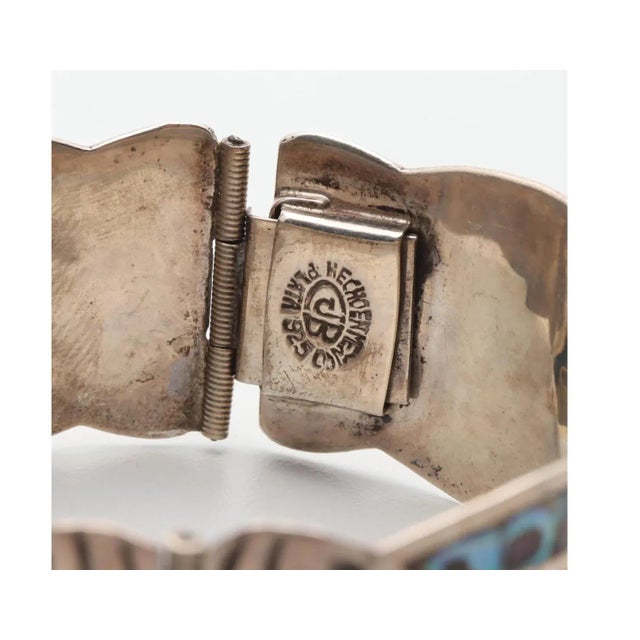 Mexican Diaz Santoyo Sterling Silver Fish Abalone Design Cuff Bracelet- Beauty Hallmarked For Sale - Image 4 of 4