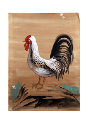 Vintage Painting of Rooster on Rock With Black Tail Feathers
