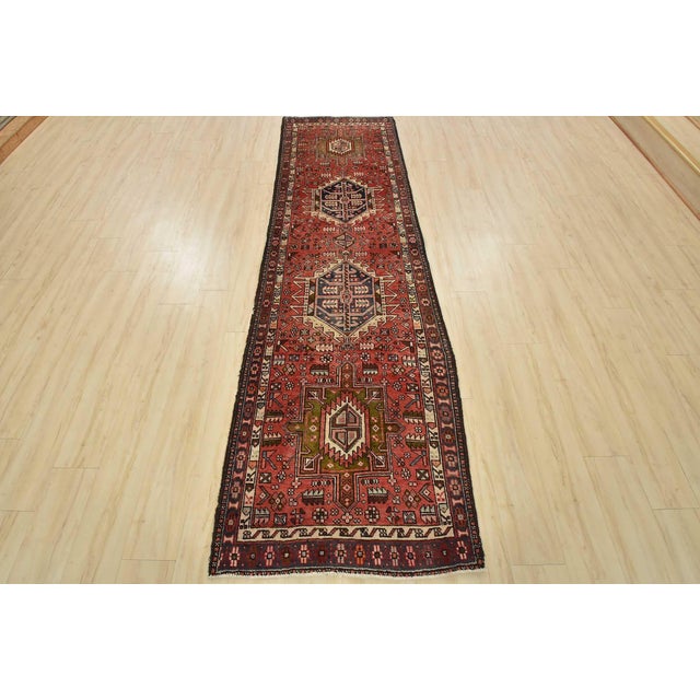 Tribal Karajeh Runner 3’2” X 10’2” Red Wool Semi-Antique Tribal Hand-Knotted Rug For Sale - Image 3 of 15