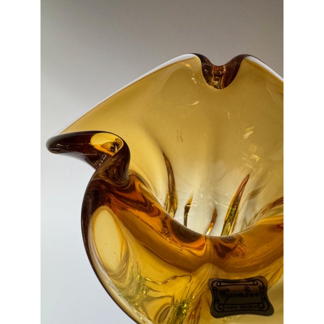 Bohemian Sculptural Amber Art Glass Vase with Folded Rim and Green Base from Egermann, Former Czechoslovakia, 1980s For Sale - Image 14 of 16