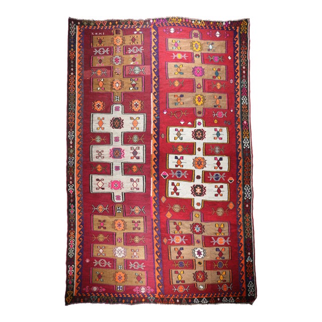 Oversized Vintage Kars Kilim With Tribal Geometric Motifs – Handwoven in Eastern Anatolia -8' 6'' X 13' 2'' For Sale