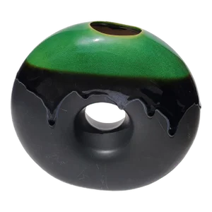 Large Mid 20th Century Black & Green Donut Ceramic Pottery Vase With Black Drip Icing