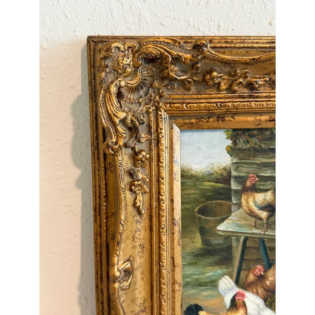 Vintage Signed Rooster and Chickens Oil Painting Farmyard Hen Scene, Gold Frame For Sale In Jacksonville, FL - Image 6 of 12
