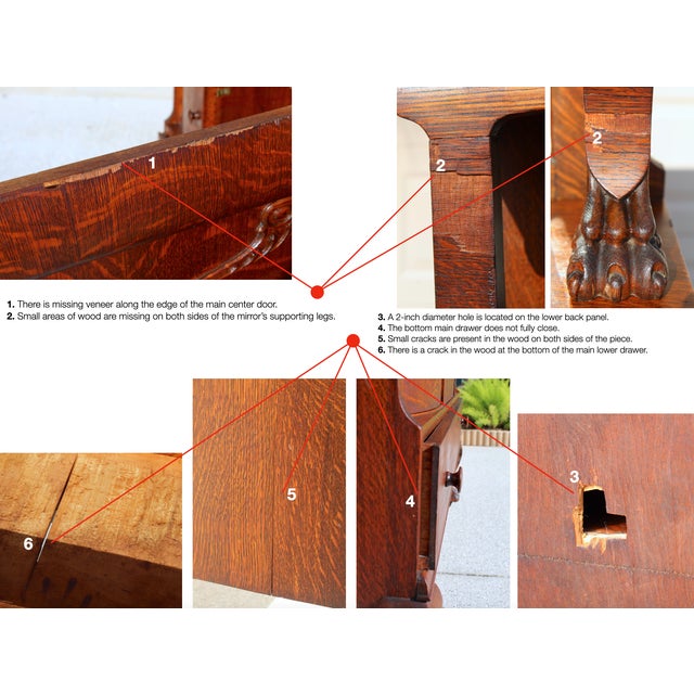 Antique Victorian Quarter-Sawn Tiger Oak Buffet Sideboard With Beveled Mirror and Lion Paw Feet on Casters For Sale - Image 18 of 18