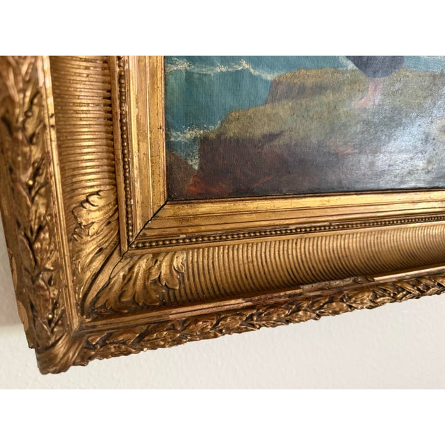 Sky Blue 19th C French Painting in Ornate Heavy Gilt Gold Frame For Sale - Image 8 of 13