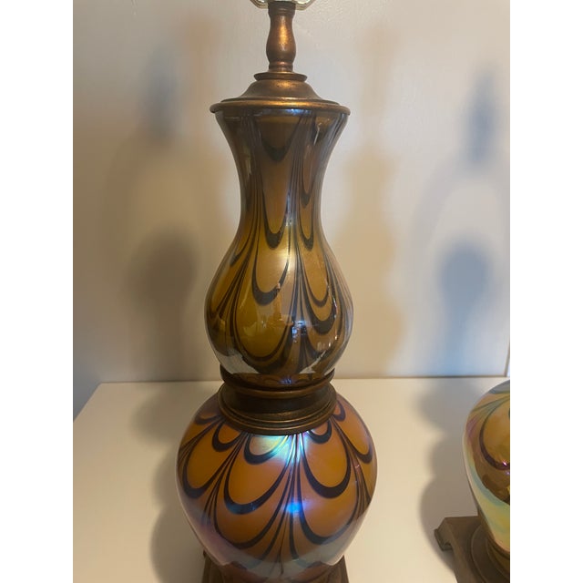 Vintage Iridescent Art Glass Table Lamps-Murano Style Amber Feather Patten - A Pair For Sale - Image 16 of 17