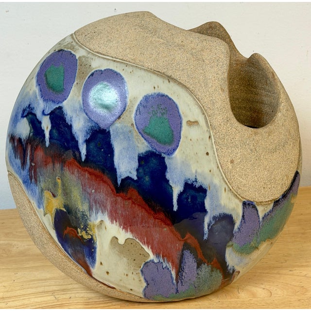 Monumental Footed Raku Sphere Vase by Ken Pick, American Studio Pottery This monumental raku vessel by American studio...