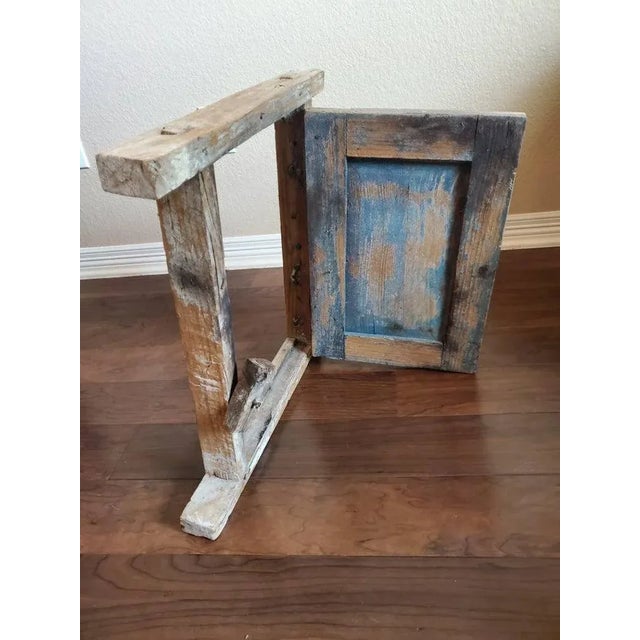 Small Rustic Mexican Farmhouse 19th Century Blue Painted Pine Architectural Salvage Window Frame & Panel Shutter For Sale In Dallas - Image 6 of 11