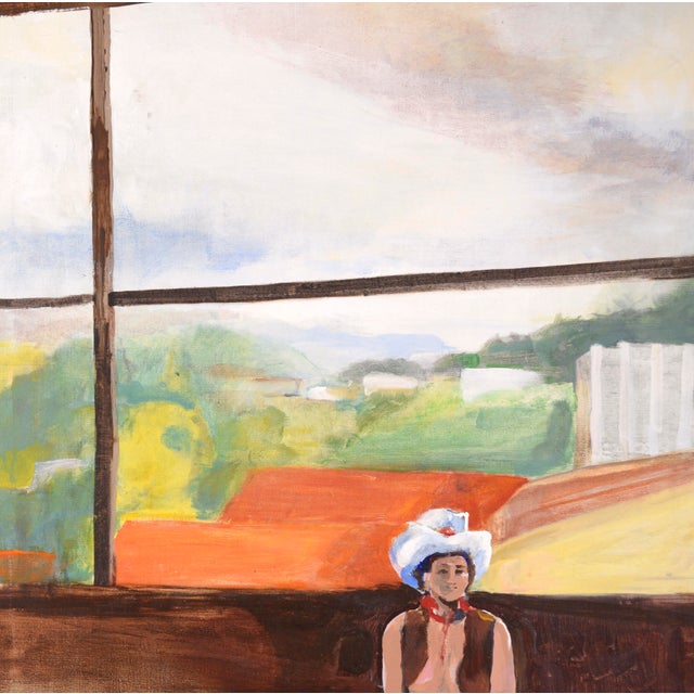Cowgirl in the Studio - Figurative Study in Oil on Canvas A woman in a vest, cowboy hat, and boots by American painter,...