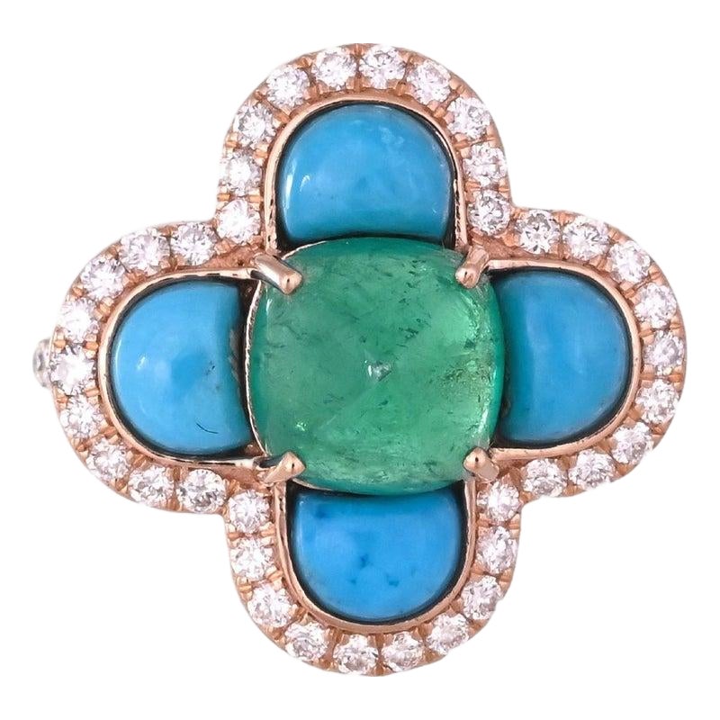 Set in 18k Gold, Art Deco Emerald Sugarloaf, Turquoise & Diamond ...