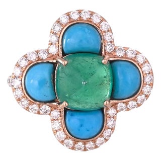 Set in 18k Gold, Art Deco Emerald Sugarloaf, Turquoise & Diamond Engagement Ring, Us Size 6 For Sale