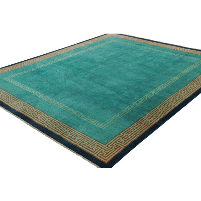 Rug & Kilim Rug & Kilim’s Art Deco Style Rug, Turquoise Blue Open Field & Greek Key Borders For Sale - Image 4 of 8