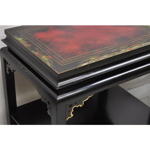 Vintage Chinoiserie Black Lacquered Red Leather Top 2 Tier End Tables - A Pair For Sale - Image 10 of 12