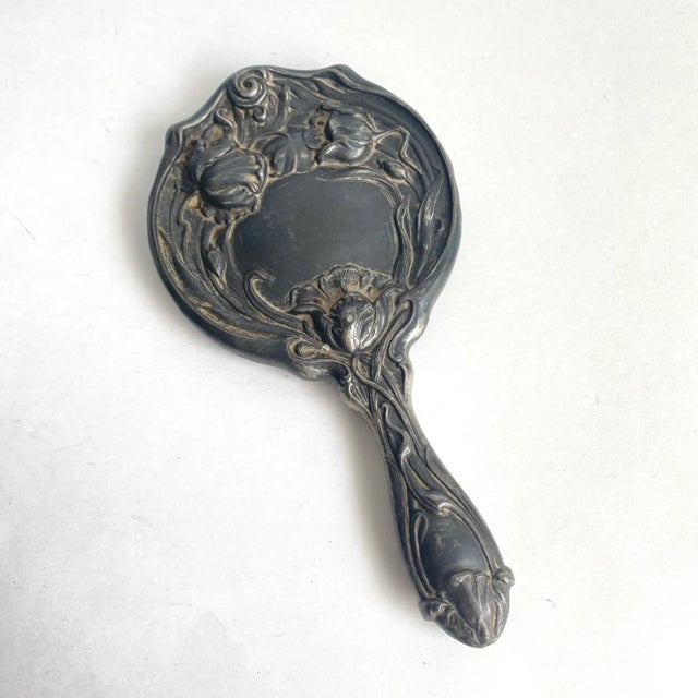 Art Nouveau Vanity Hand Mirror Floral Silver Plated Distressed Antique Finish For Sale - Image 12 of 12